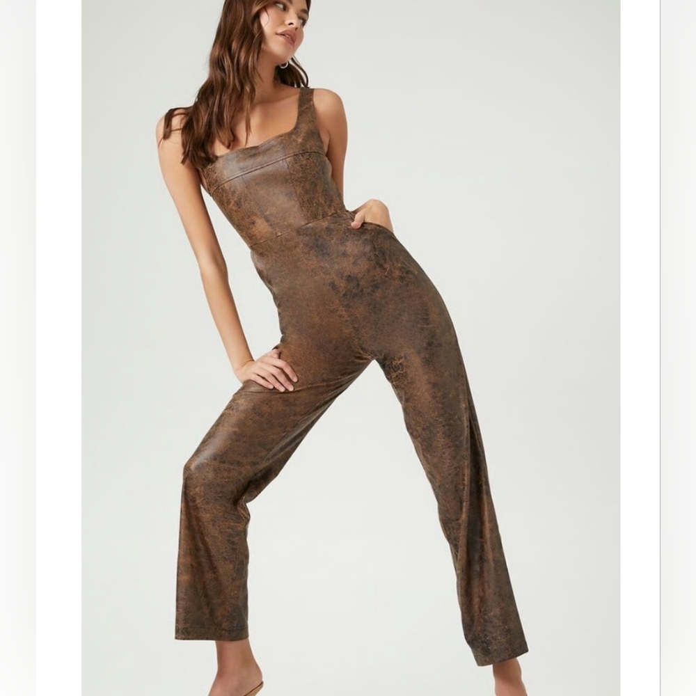Forever 21 Women's Brown Faux Leather Sleeveless Jumpsuit Size XS